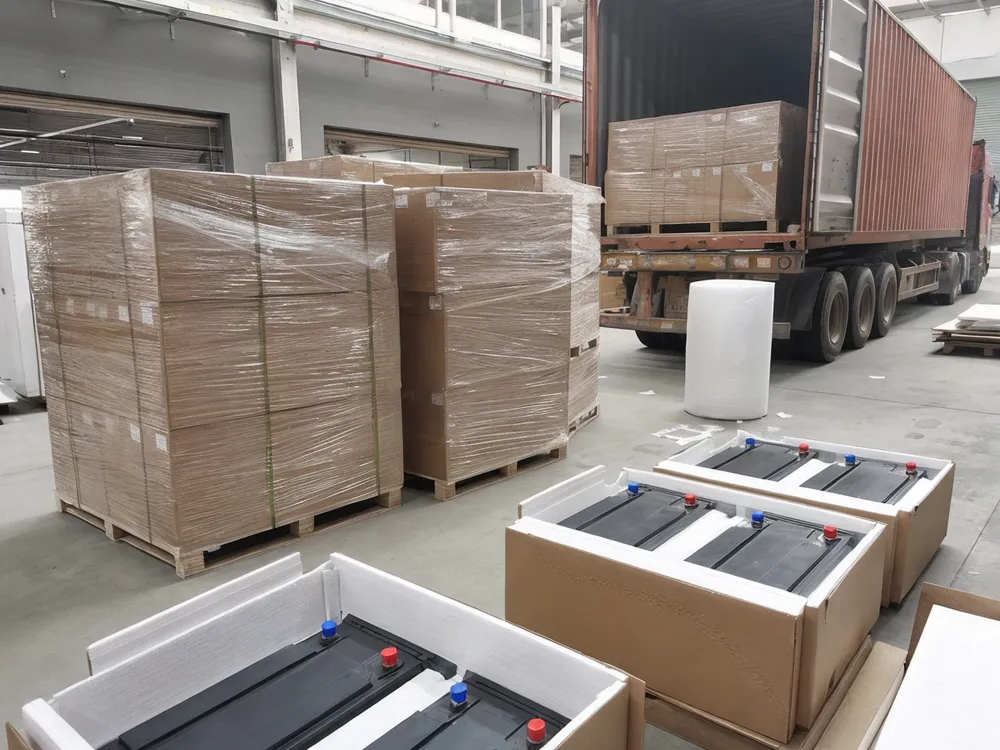 Battery shipment packing with foam-lined cartons, terminal protection caps, and palletized loading for export