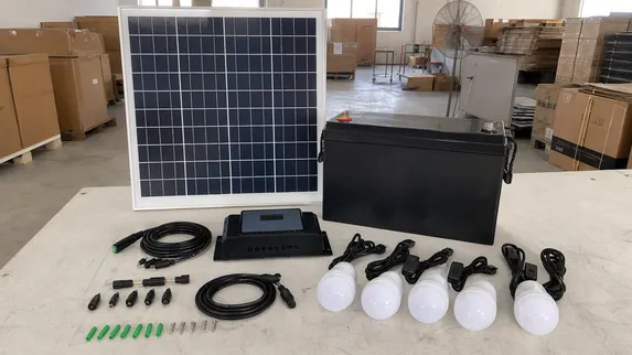 100Ah solar home system kit with battery, panel, controller, and LED lights for off-grid markets