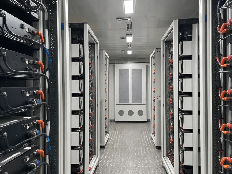 Internal battery rack layout showing series string arrangement and airflow paths for thermal uniformity