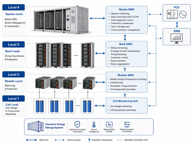 Four-level BMS architecture diagram showing cell, module, rack, and system-level protection layers
