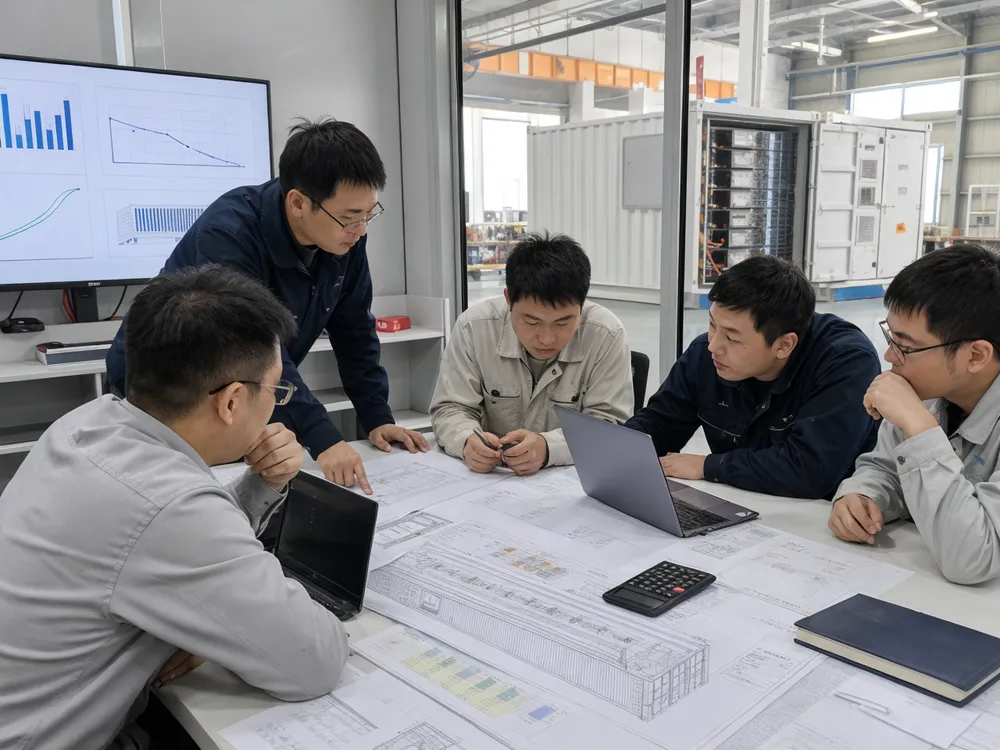 Engineering team reviewing container battery capacity sizing parameters