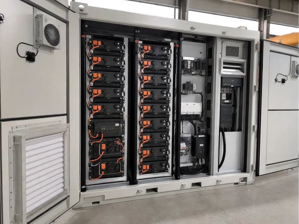 Container solar battery storage system with visible rack modules and BMS architecture