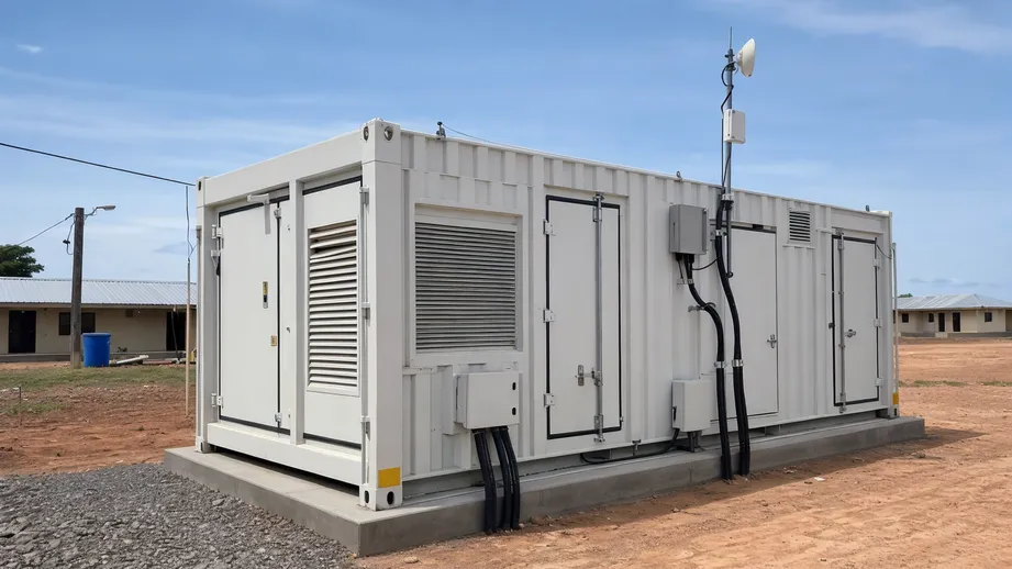 Containerized LiFePO4 battery system deployed at a remote off-grid community site