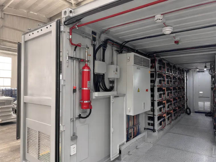 Container battery safety systems including fire suppression, gas detection, and emergency disconnect provisions