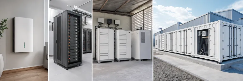 EVANBattery solar battery storage product family — from wall-mounted backup units to containerized multi-MWh systems