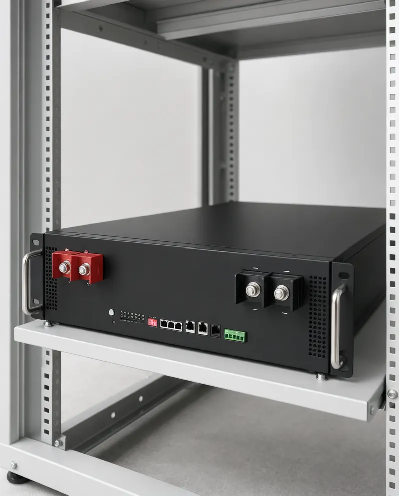 LiFePO4 rack-mounted solar battery module showing BMS communication ports and 48V configuration