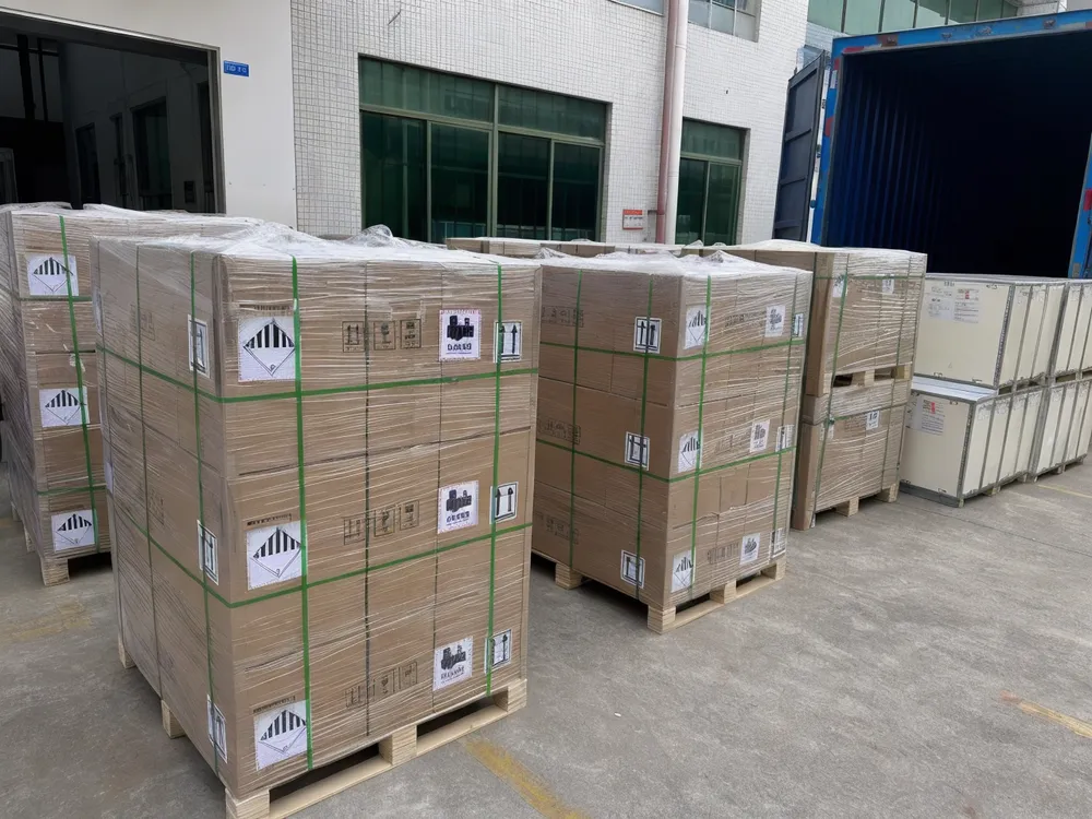 Solar battery export packaging with DG labels and palletized cartons ready for sea freight