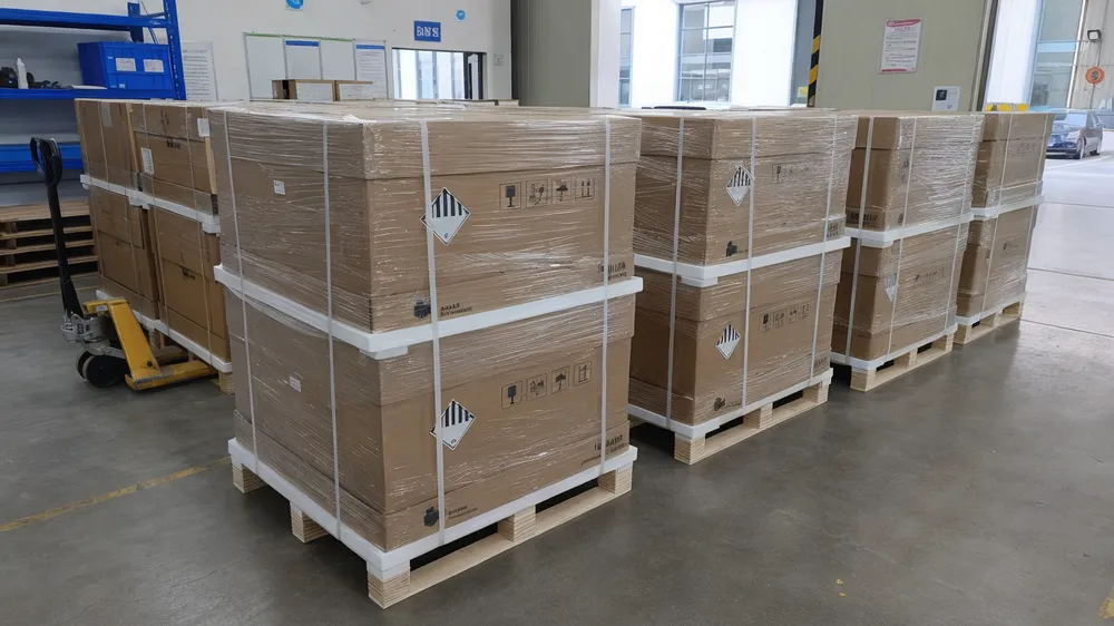 Export packaging configuration for rack mounted solar battery modules showing foam-lined cartons and pallet arrangement