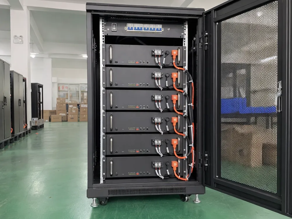 Rack mounted solar battery modules in 19-inch cabinet format showing scalable 48V LiFePO4 configuration