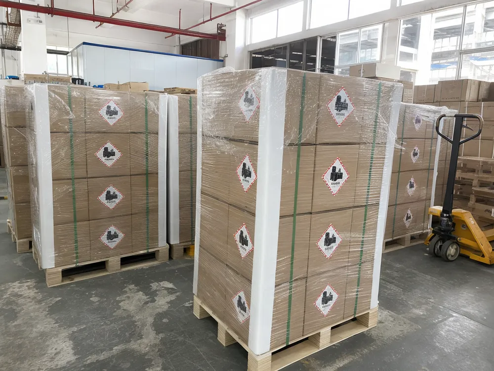 EVANBattery export packing with double-wall cartons on fumigation-treated pallets, stretch-wrapped with UN3480 diamond labels