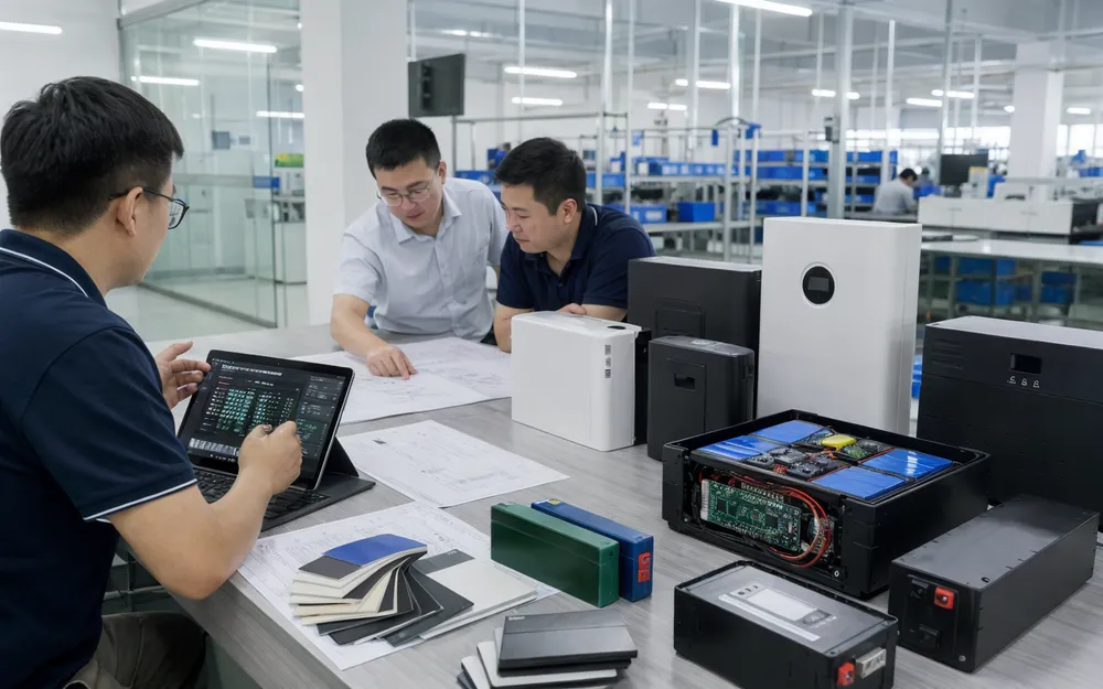 OEM/ODM battery customization showing branding, enclosure options, and BMS configuration