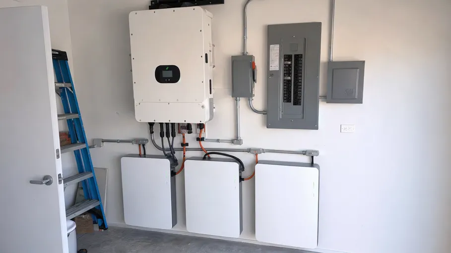 Residential solar battery backup installation with LiFePO4 packs paired with hybrid inverter