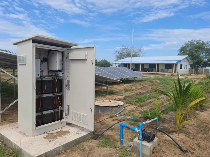 Solar battery bank powering agricultural irrigation and remote commercial facility