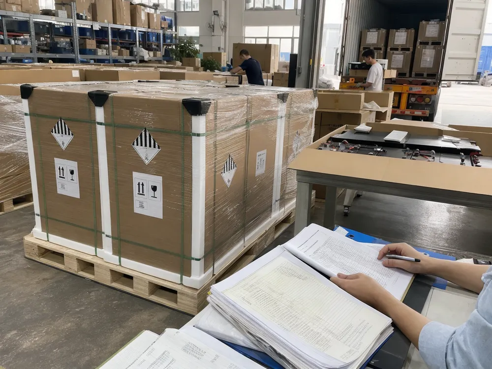 Battery bank export documentation and DG-compliant packaging ready for sea freight