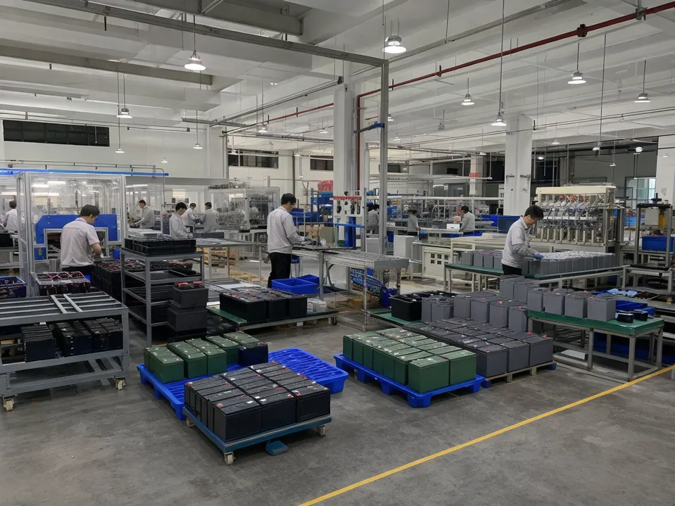 Three battery chemistry production lines — LiFePO4, gel, and AGM — operating under one factory roof for mixed-chemistry container orders