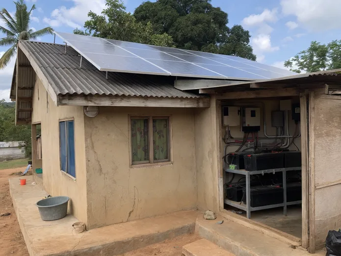 Off-grid solar home system with battery bank installation in rural setting