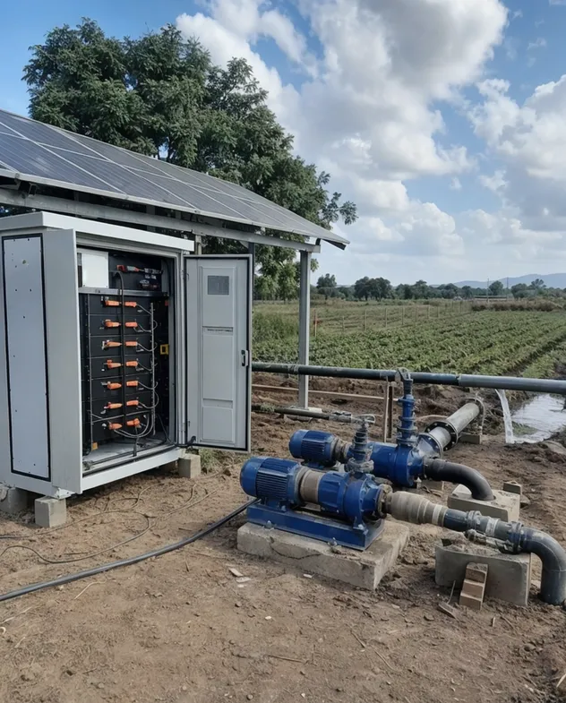 Agricultural irrigation site with solar panels and battery storage for three-phase pump motors