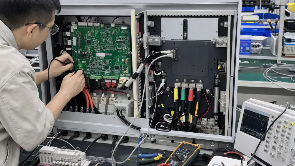 BMS board connected to three-phase inverter showing CAN bus communication interface