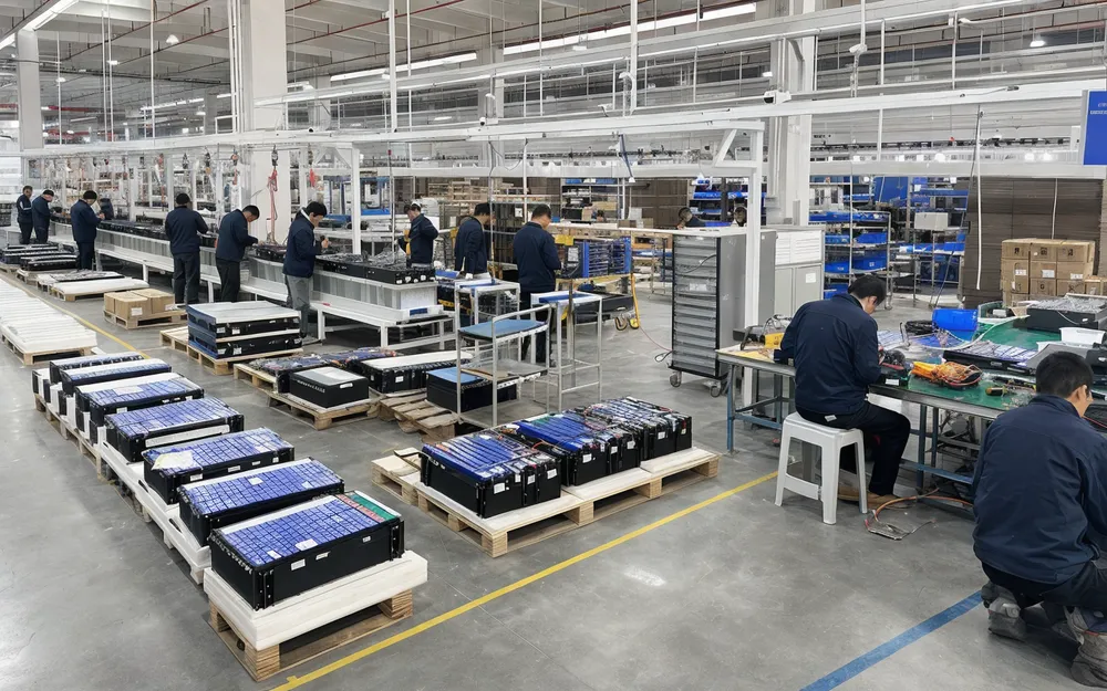 EVANBattery factory production line — 6 lines manufacturing LiFePO4 battery packs for commercial solar projects
