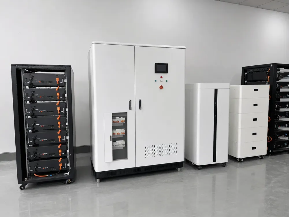 Three-phase solar battery system positioned within the full EVANBattery product range showing rack-mount and cabinet configurations