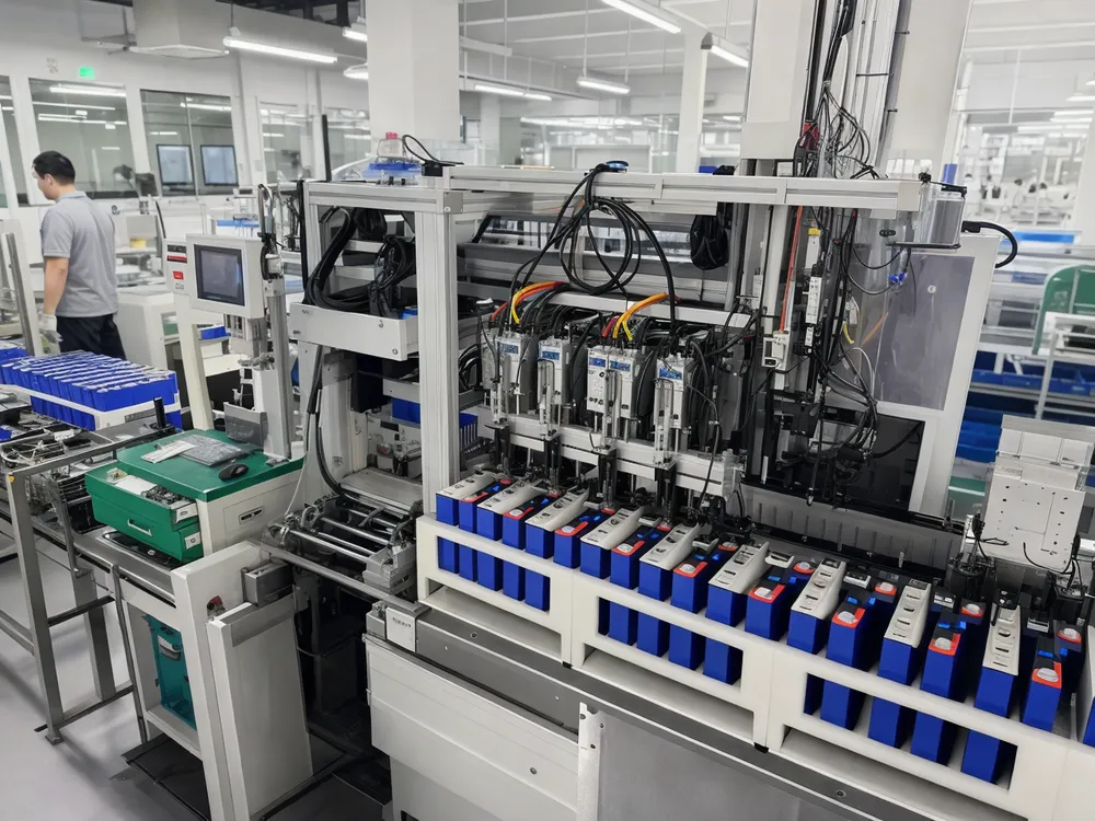 Automated LiFePO4 cell sorting equipment measuring voltage, resistance, and capacity