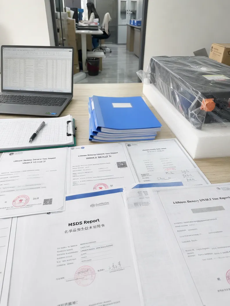 Battery export compliance documentation including UN38.3 and MSDS certificates
