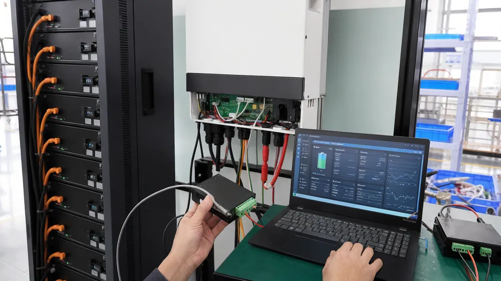 BMS communication interface connected to hybrid inverter showing CAN bus protocol validation for DC coupled battery system