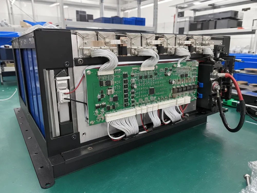 Battery module with BMS board showing communication interfaces and protection circuitry for DC coupled solar battery system