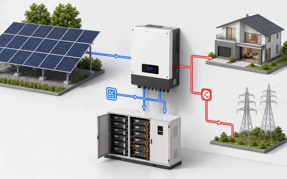 DC bus topology showing PV array charging battery directly through hybrid inverter DC bus