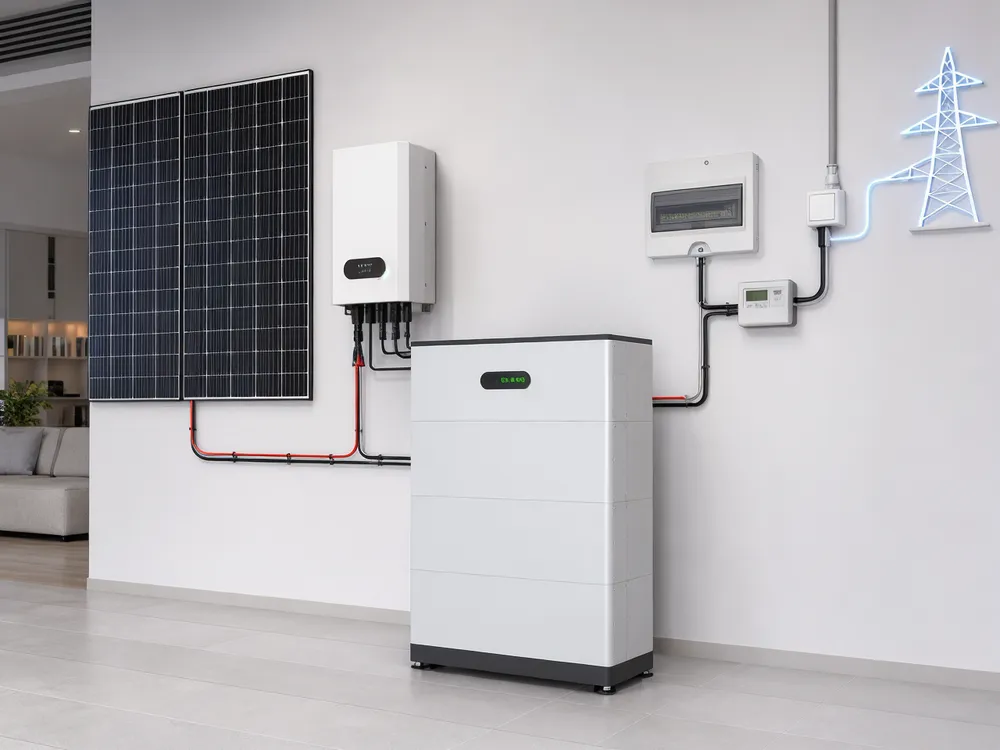 Grid-tied hybrid solar battery system architecture showing PV, inverter, battery, and grid connection