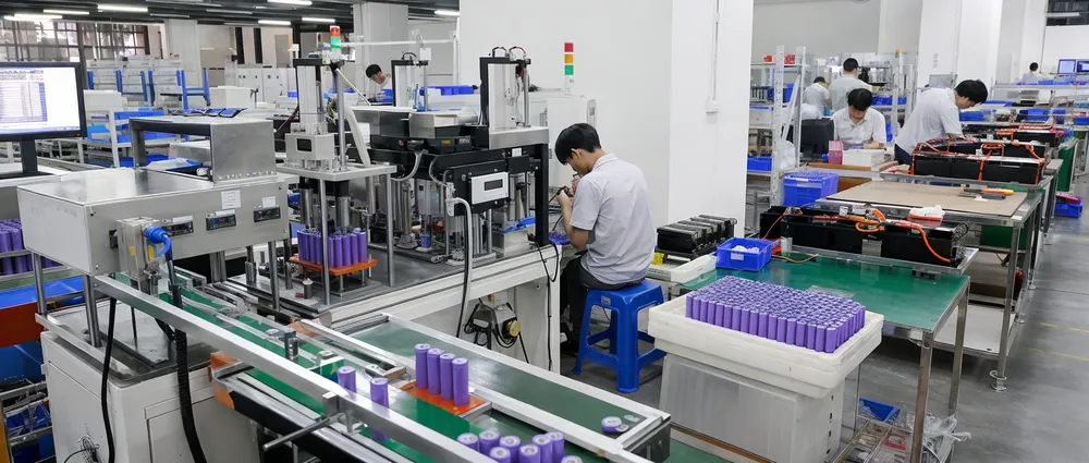 EVANBattery production line showing automated cell sorting and BMS integration for hybrid solar batteries