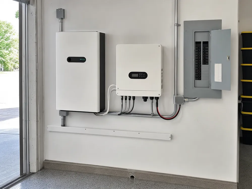 Residential hybrid solar battery system wall-mounted installation with inverter package