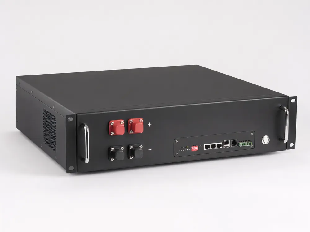 LiFePO4 hybrid solar battery module showing BMS communication ports and rack-mount form factor