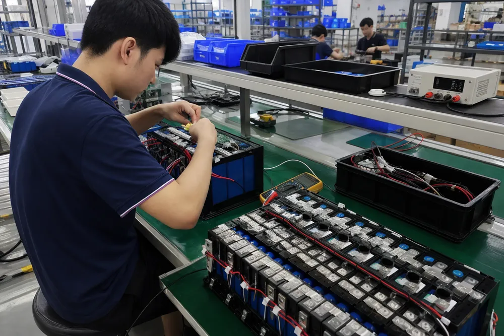 BMS integration and battery pack assembly at EVANBattery production line