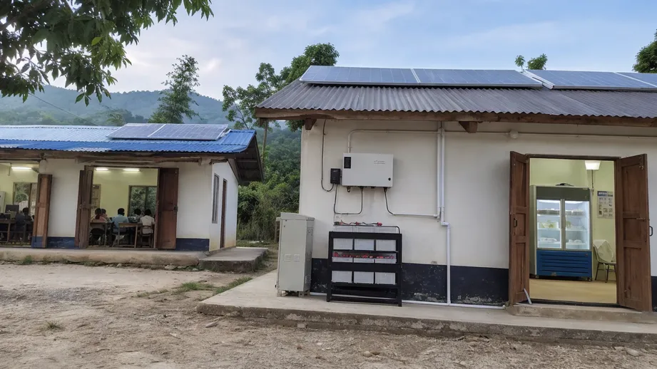 Off-grid solar battery powering rural clinic and school