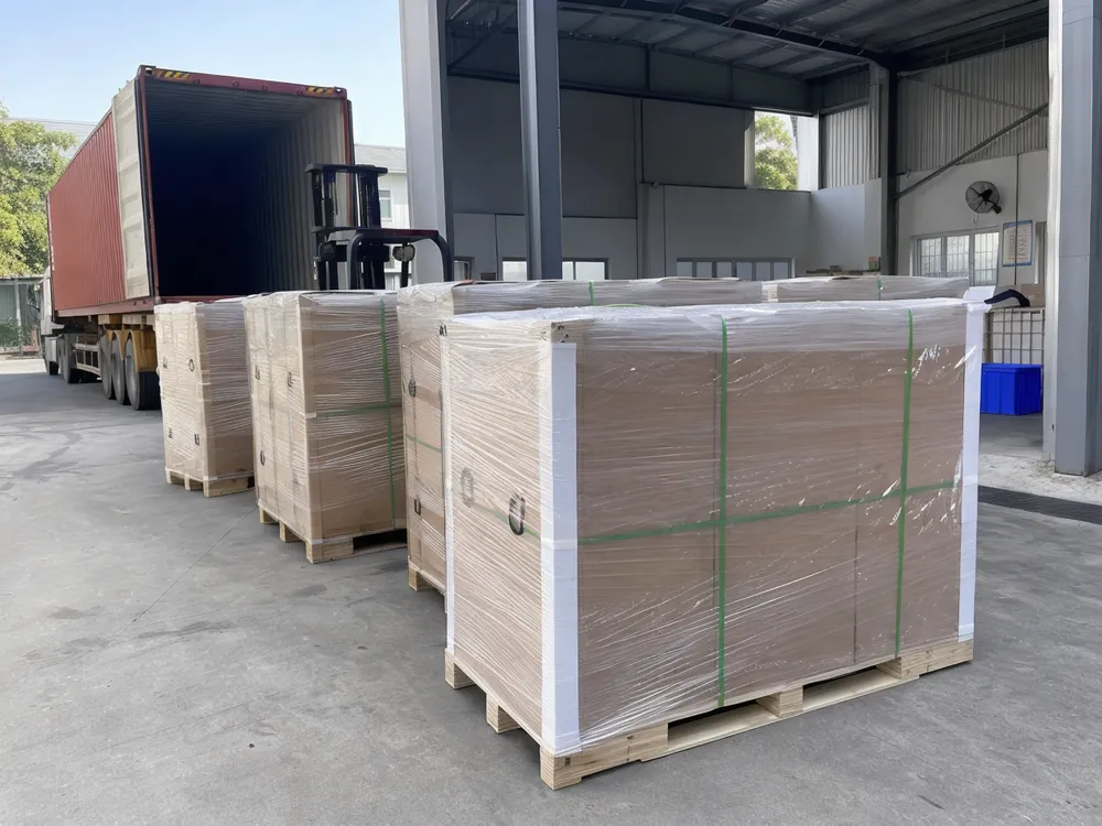 Reinforced battery cartons on ISPM-15 pallets stretch-wrapped for container loading