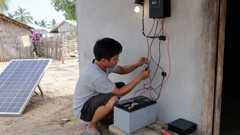 Rural solar home kit battery installation in off-grid village