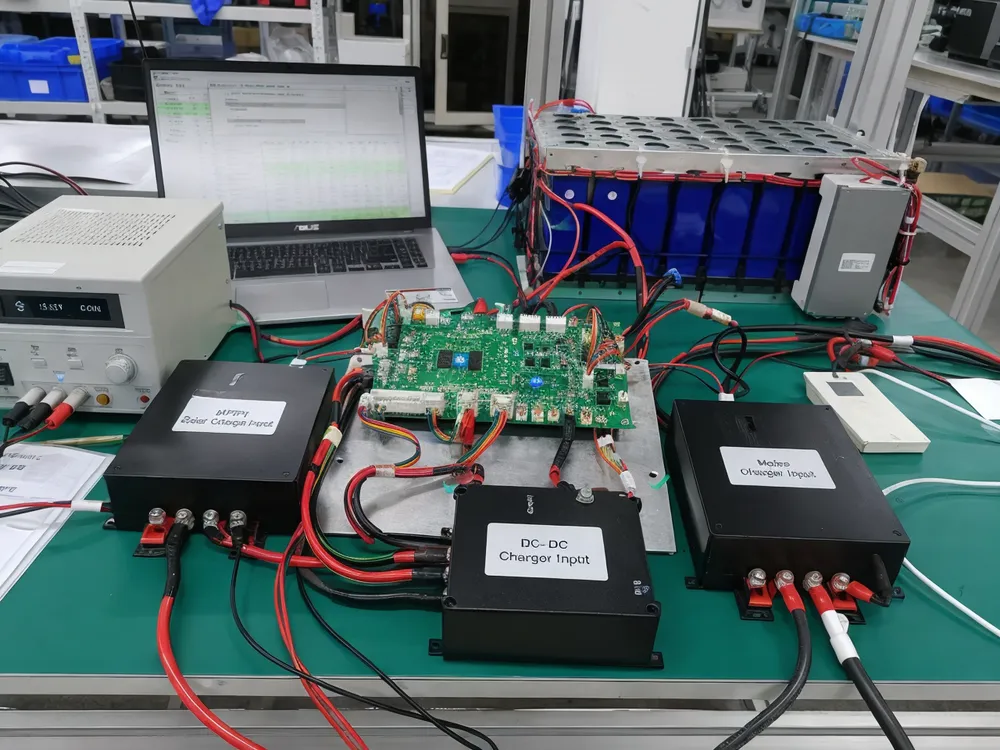BMS board configured for multiple mobile charge sources including MPPT and DC-DC