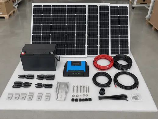 Complete solar panel and battery kit for RV roof installation