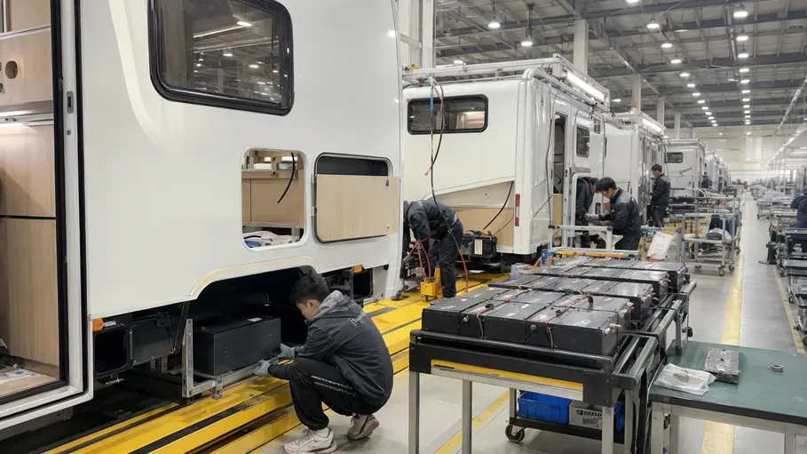 Motorhome OEM production line with battery integration station