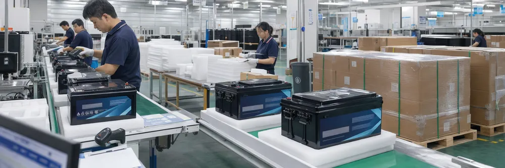 OEM branded RV batteries with custom labels and packaging on production line