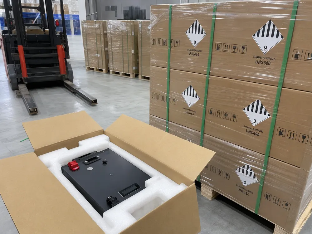 RV lithium battery packing with foam inserts, Class 9 labeling, and palletized cartons ready for container loading