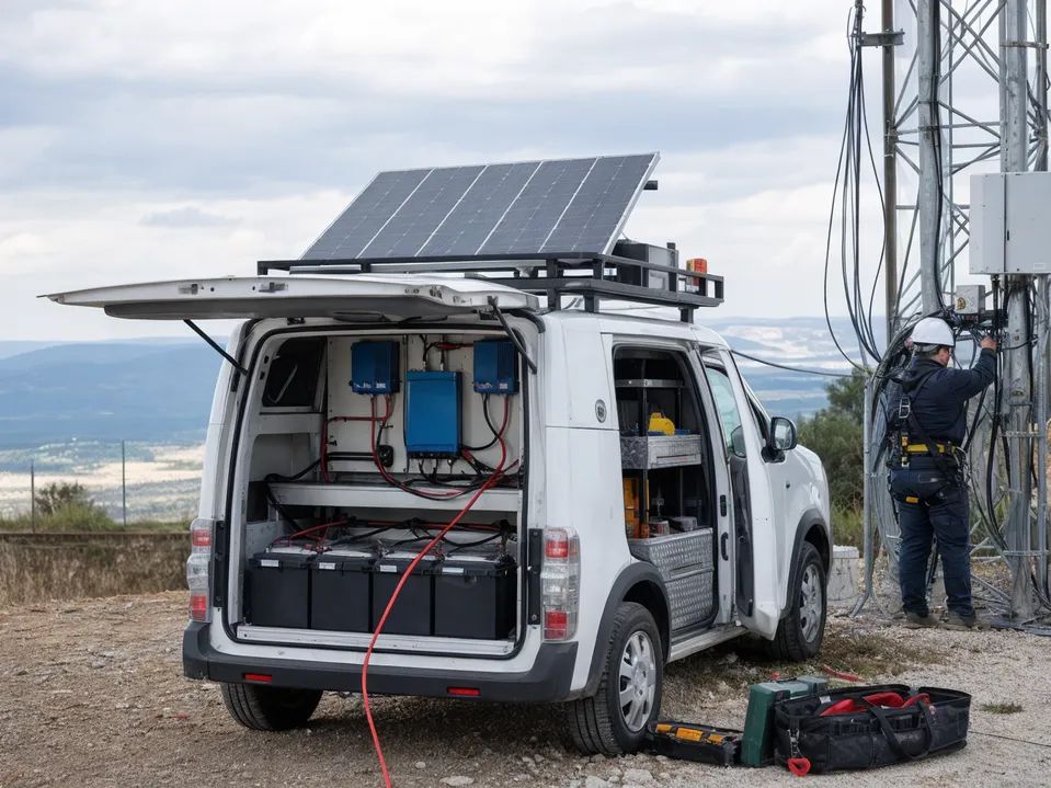 Utility service vehicle with 24V solar battery power system for field equipment