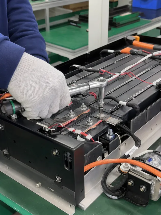 Close-up of vibration-resistant battery assembly with structural adhesive and strain relief
