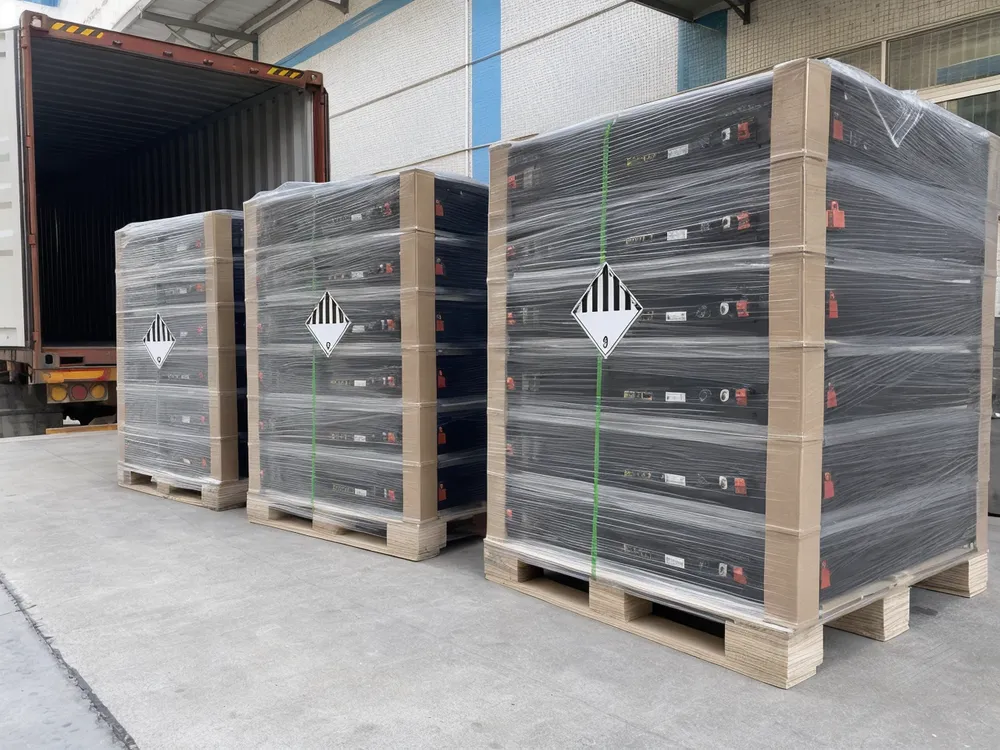 Palletized stackable battery modules with Class 9 labels, stretch wrap, and corner protectors ready for container loading
